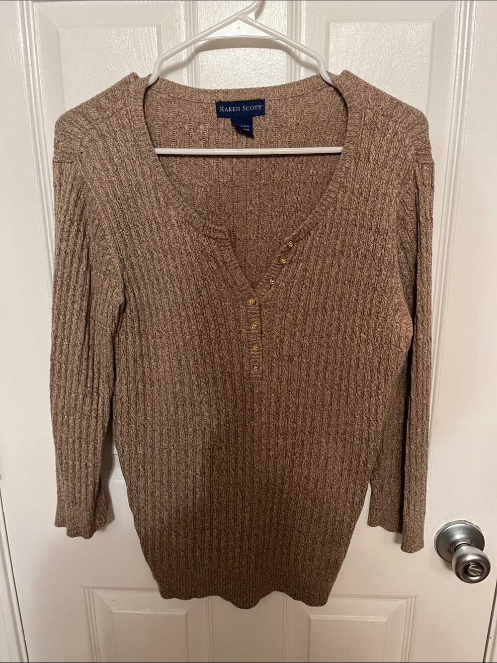 Karen Scott Taupe Ribbed V-Neck Henley Sweater with Gold Buttons